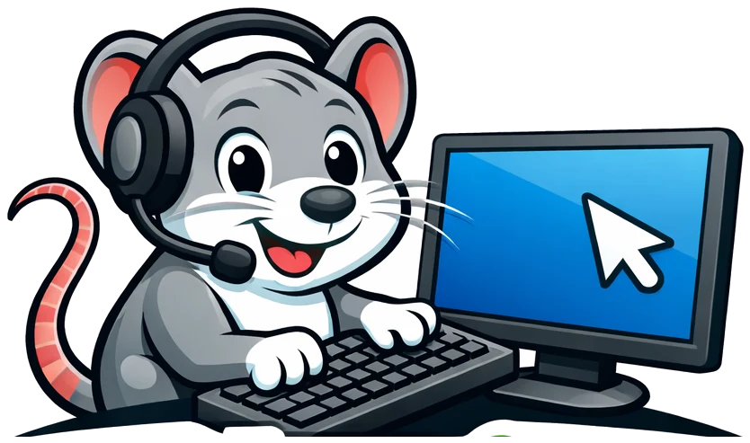 Support muis mascotte van thx2hns met headset achter de computer