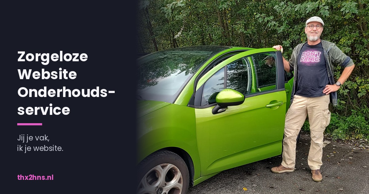 Hans van Tol naast zijn groene auto – een website heeft net als een auto onderhoud nodig